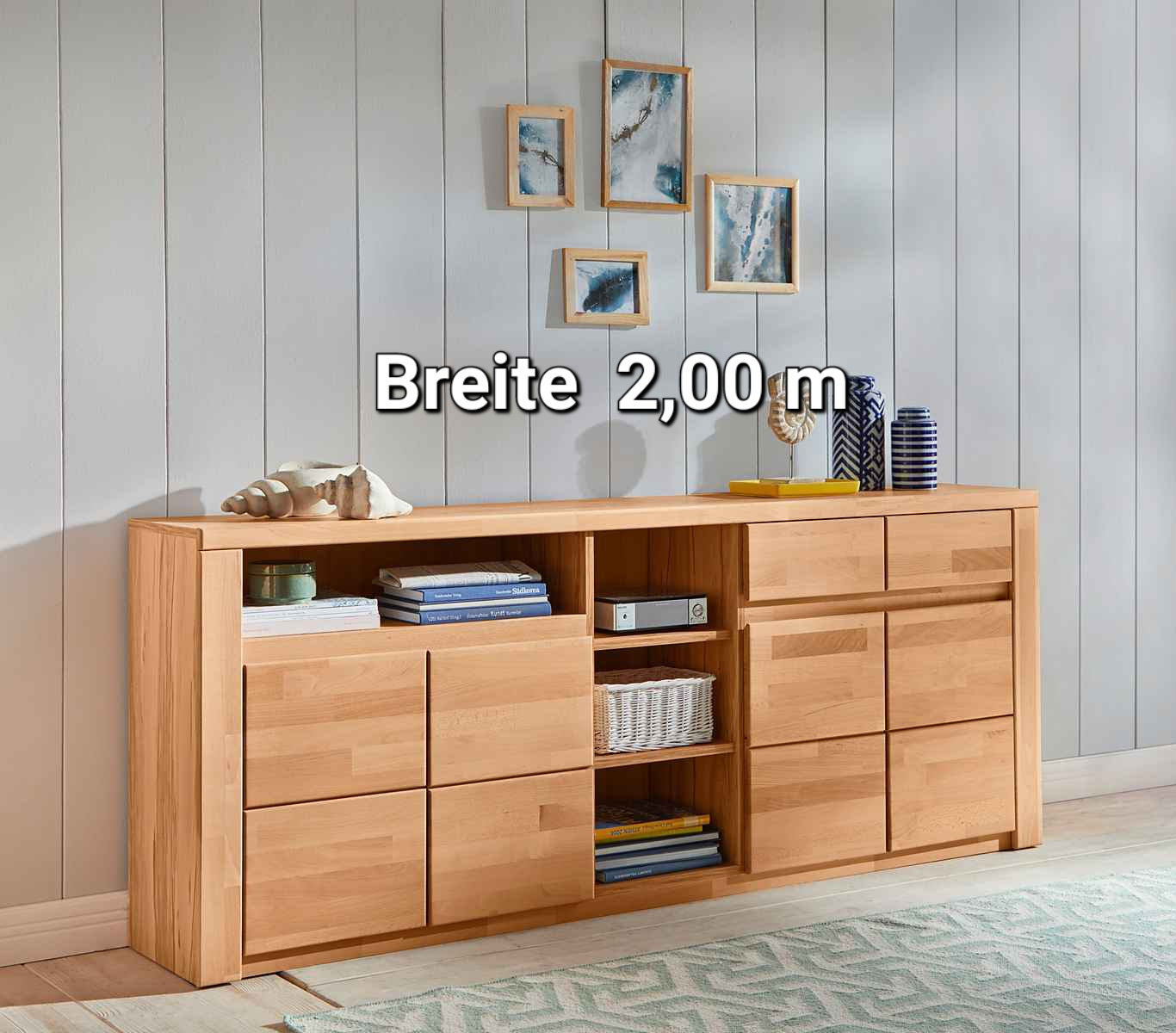 Sideboard homeaffaire Burani, Breite 2,00m grifflose Optik / Kernbuche teilmassiv