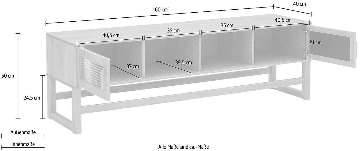 Lowboard "Jolene" Massivholz mit Rattangeflecht auf den Türfronten